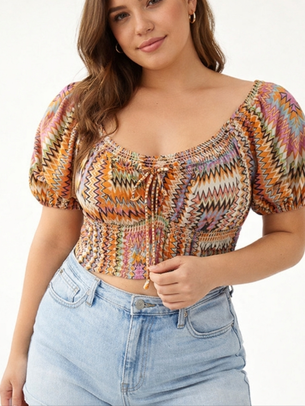 Urban Outfitters Boho Puff Sleeve Crop Top Tie Front Zig Zag Festival Women L
